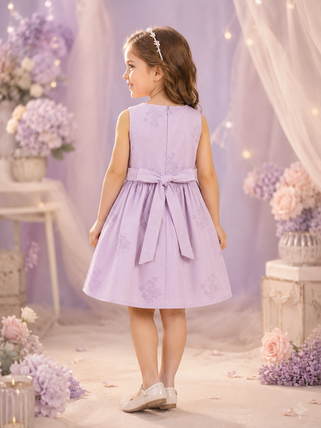 Lilac Lavender Embroidered Bow Dress