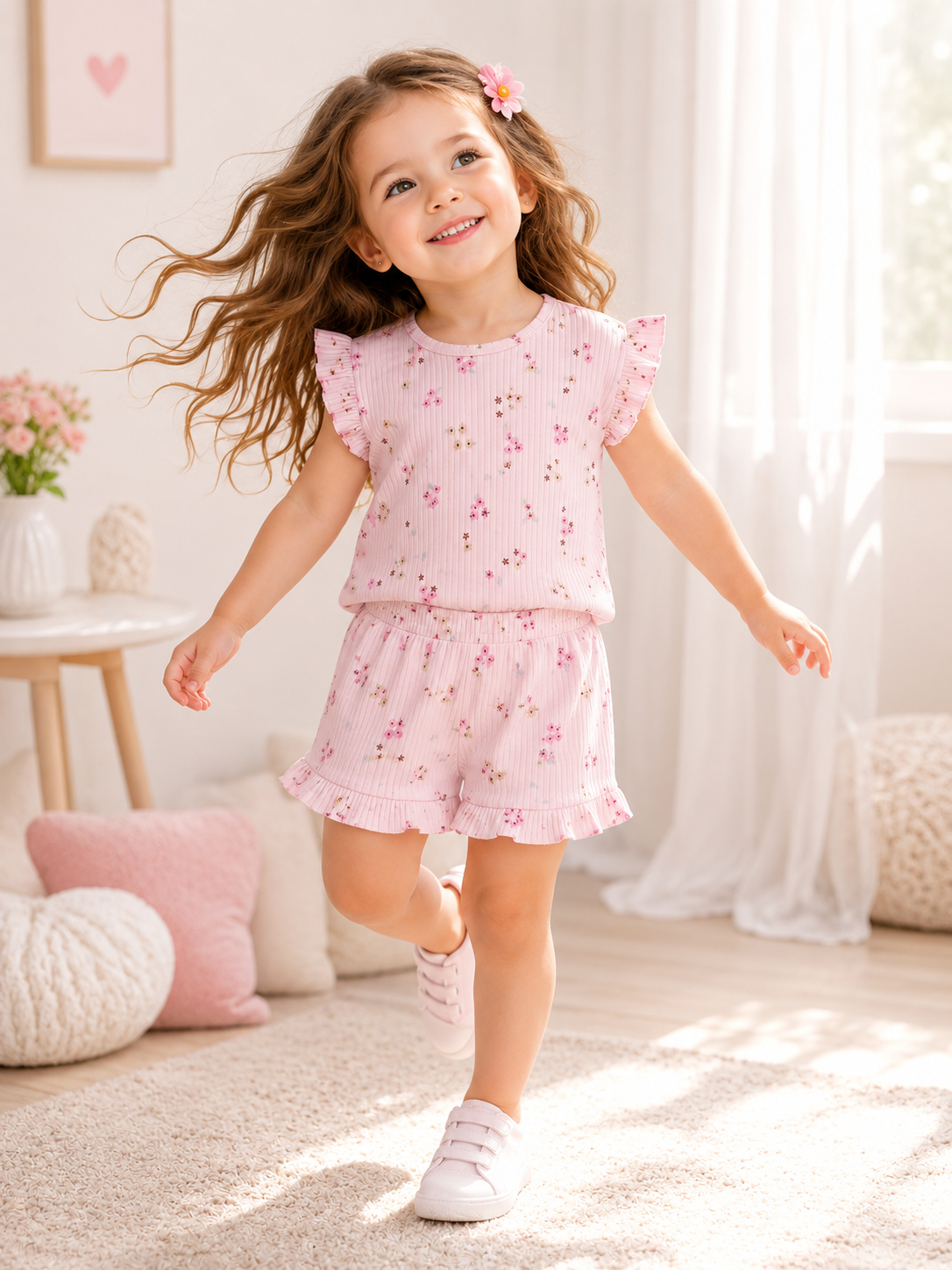 Girls Floral Ribbed Set - Pink