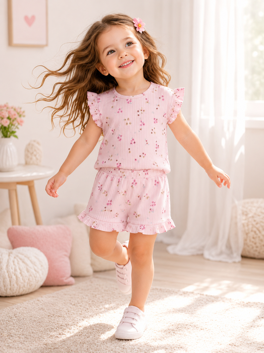 Girls Floral Ribbed Set - Pink