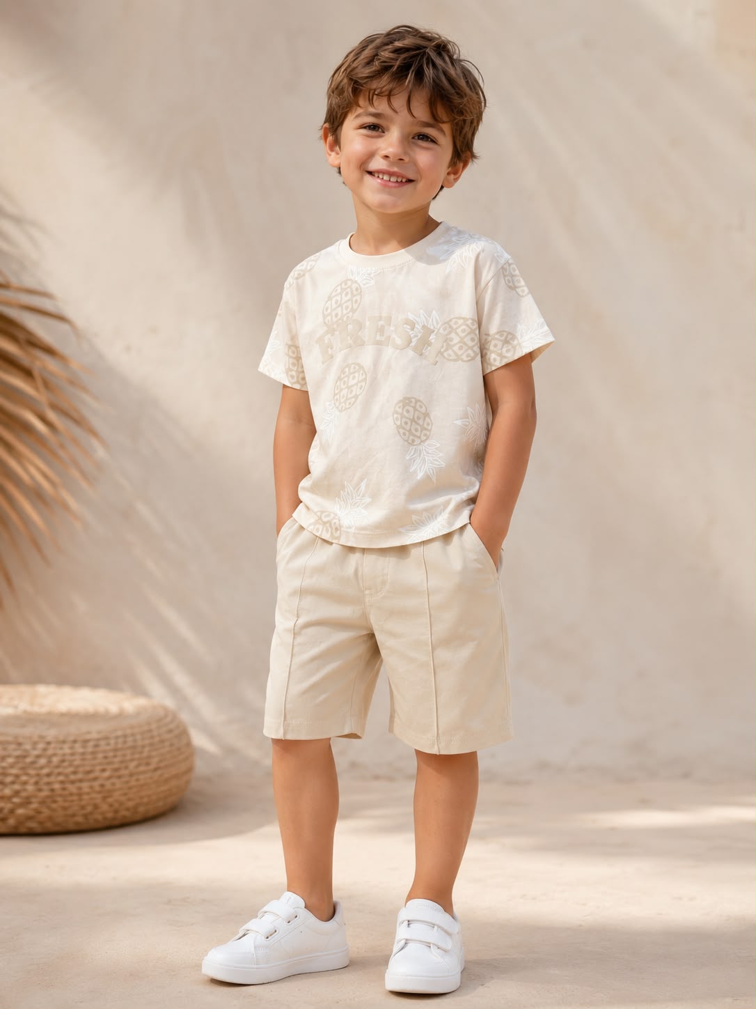 Beige Pineapple Print Boys Cotton Set
