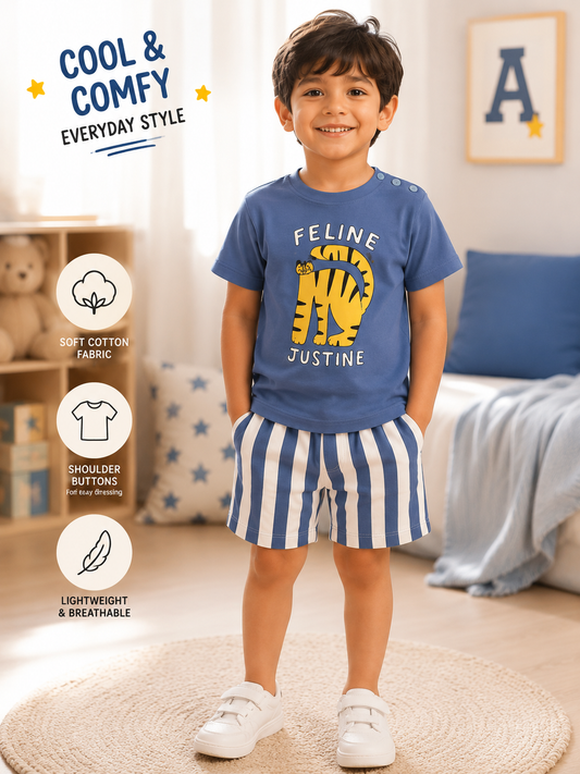 Tiger Striped Cotton Boys Set -Blue