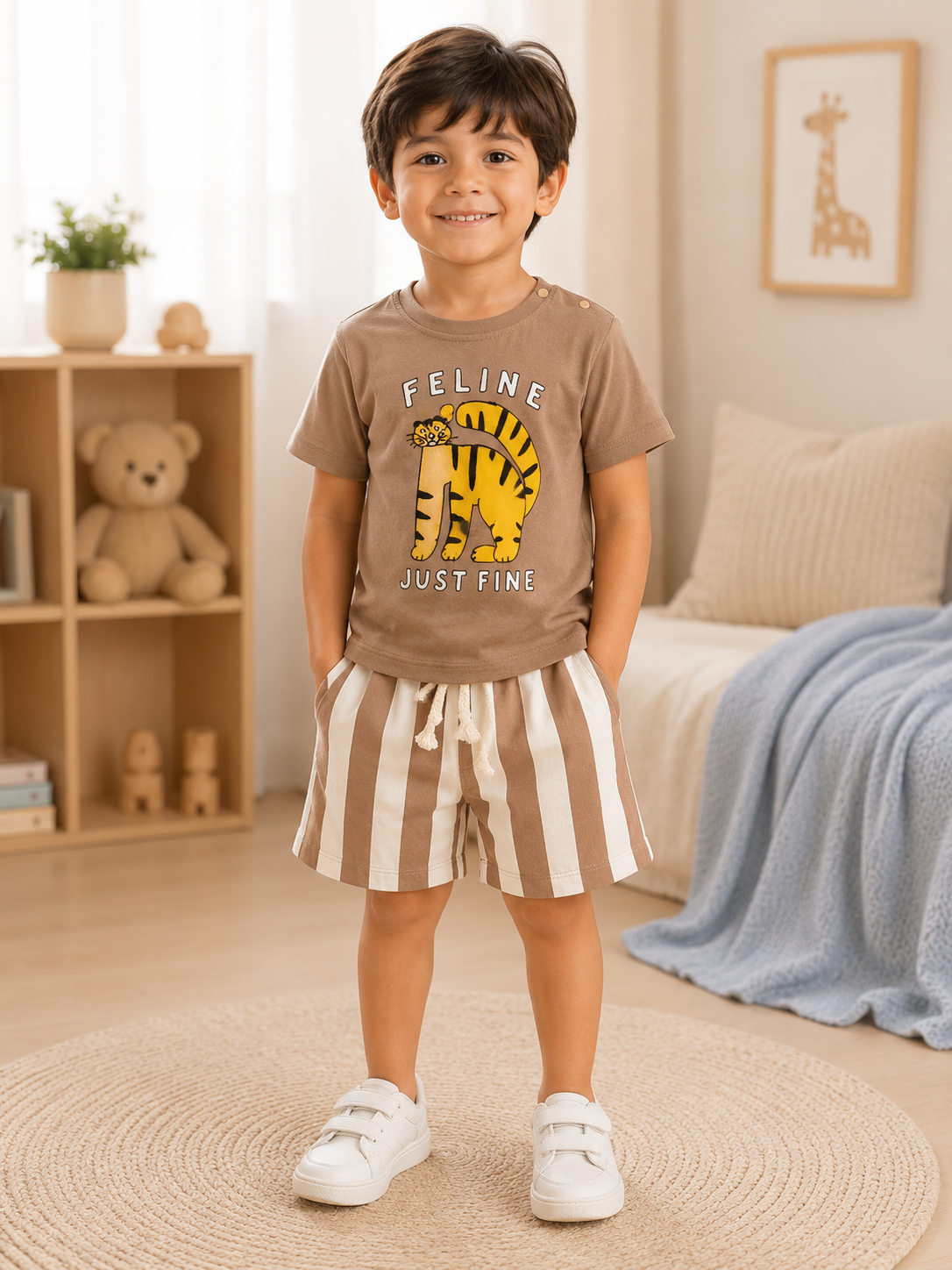 Tiger Striped Cotton Boys Set - Beige