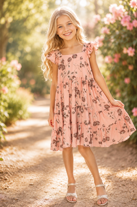 Girls Tiered Floral Dress – Blush Pink