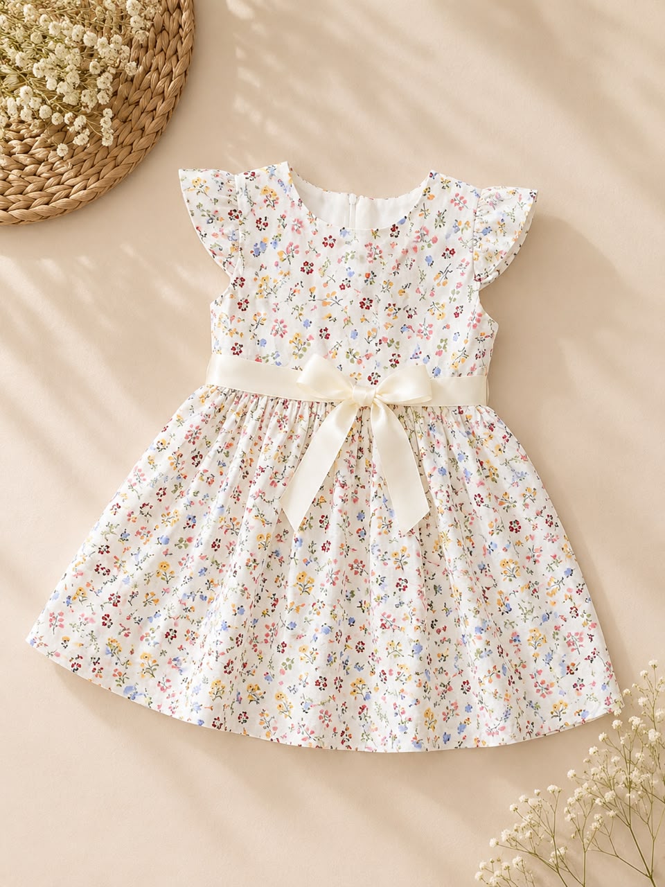 Floral White Dress - Ribbon