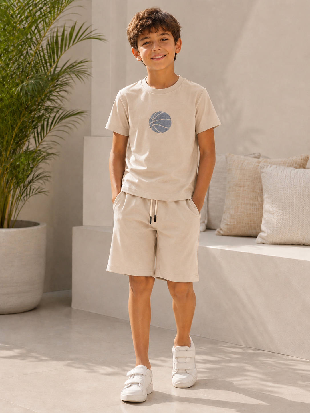 Boys Cotton Set |Basketball Print- Beige