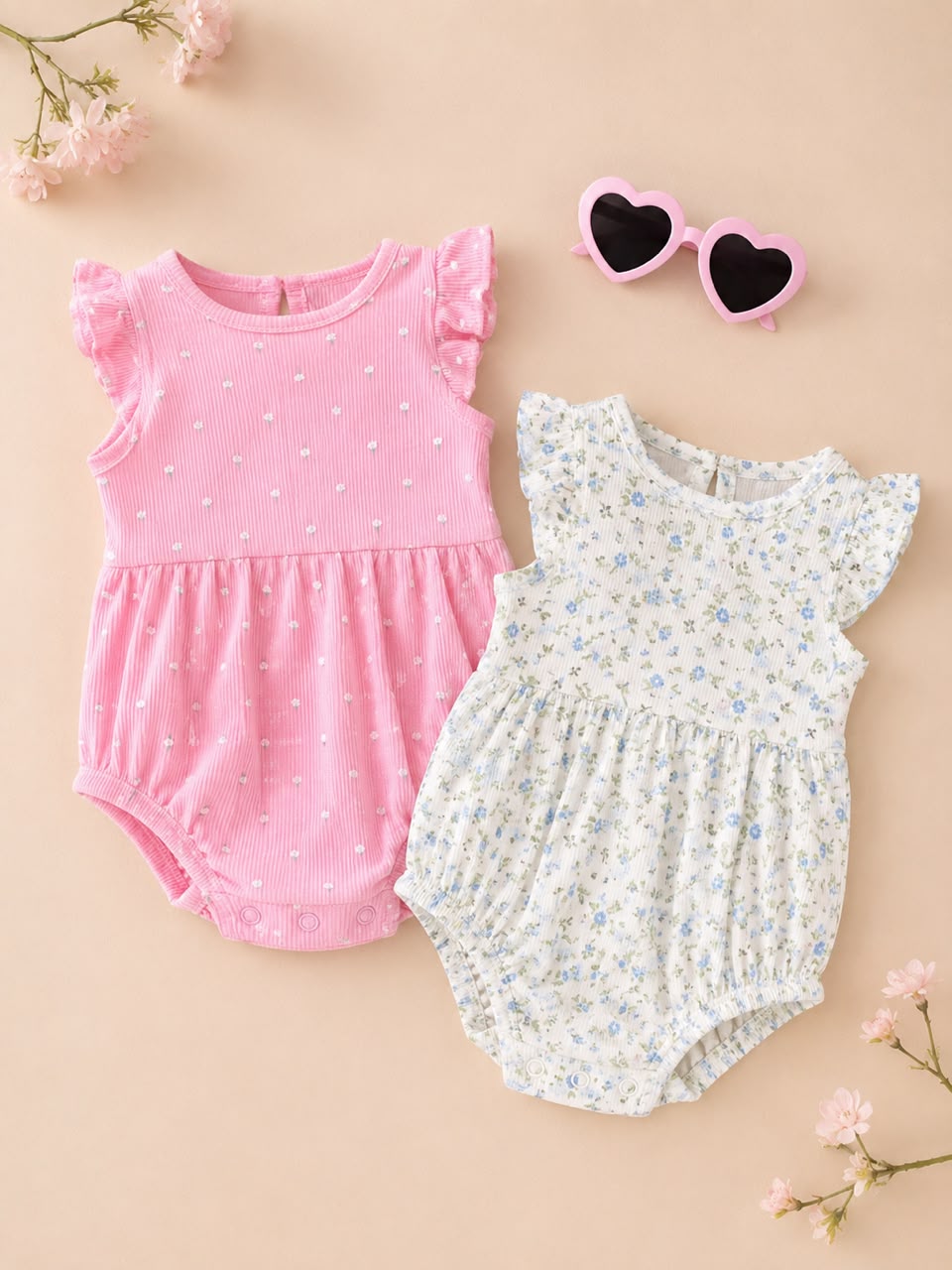 Baby Girl 2-Pack Cotton Rompers in floral print + Eyeglasses