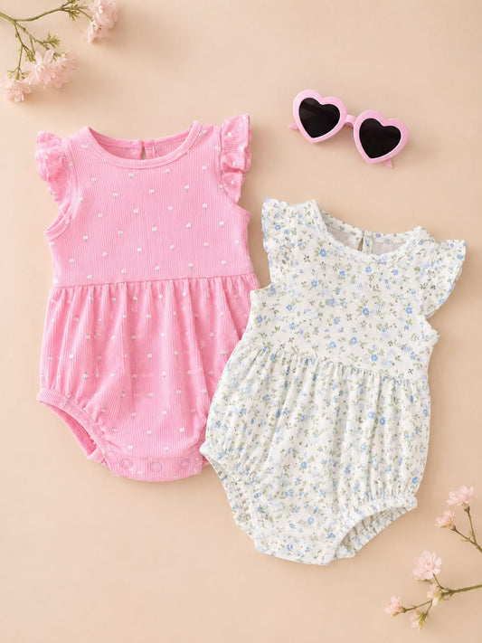 Baby Girl 2-Pack Cotton Rompers in floral print + Eyeglasses