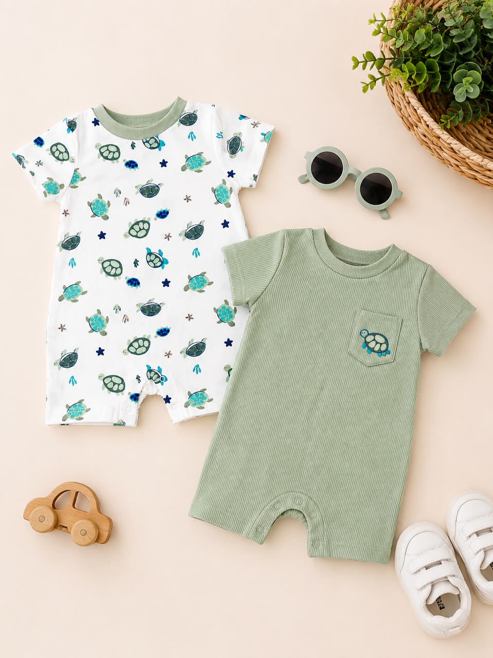 Baby Boy 2-Pack Cotton Rompers in Turtle Print + Eyeglasses