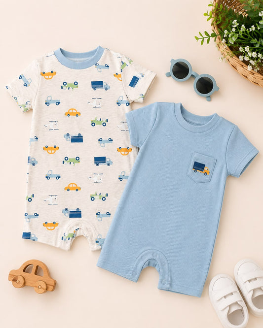 Baby Boy 2-Pack Cotton Rompers in Cars Print