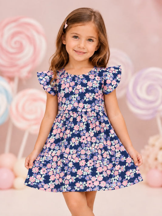 Girls’ Flutter Sleeve Dress – Navy Ditsy Floral