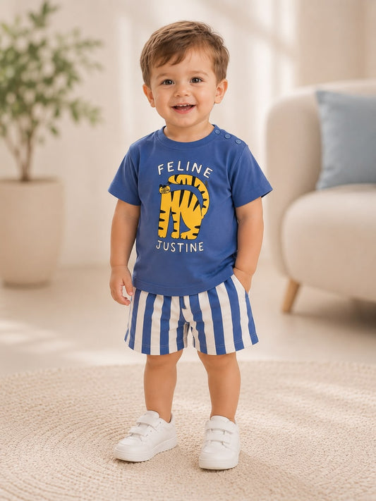 Tiger Striped Cotton Boys Set -Blue