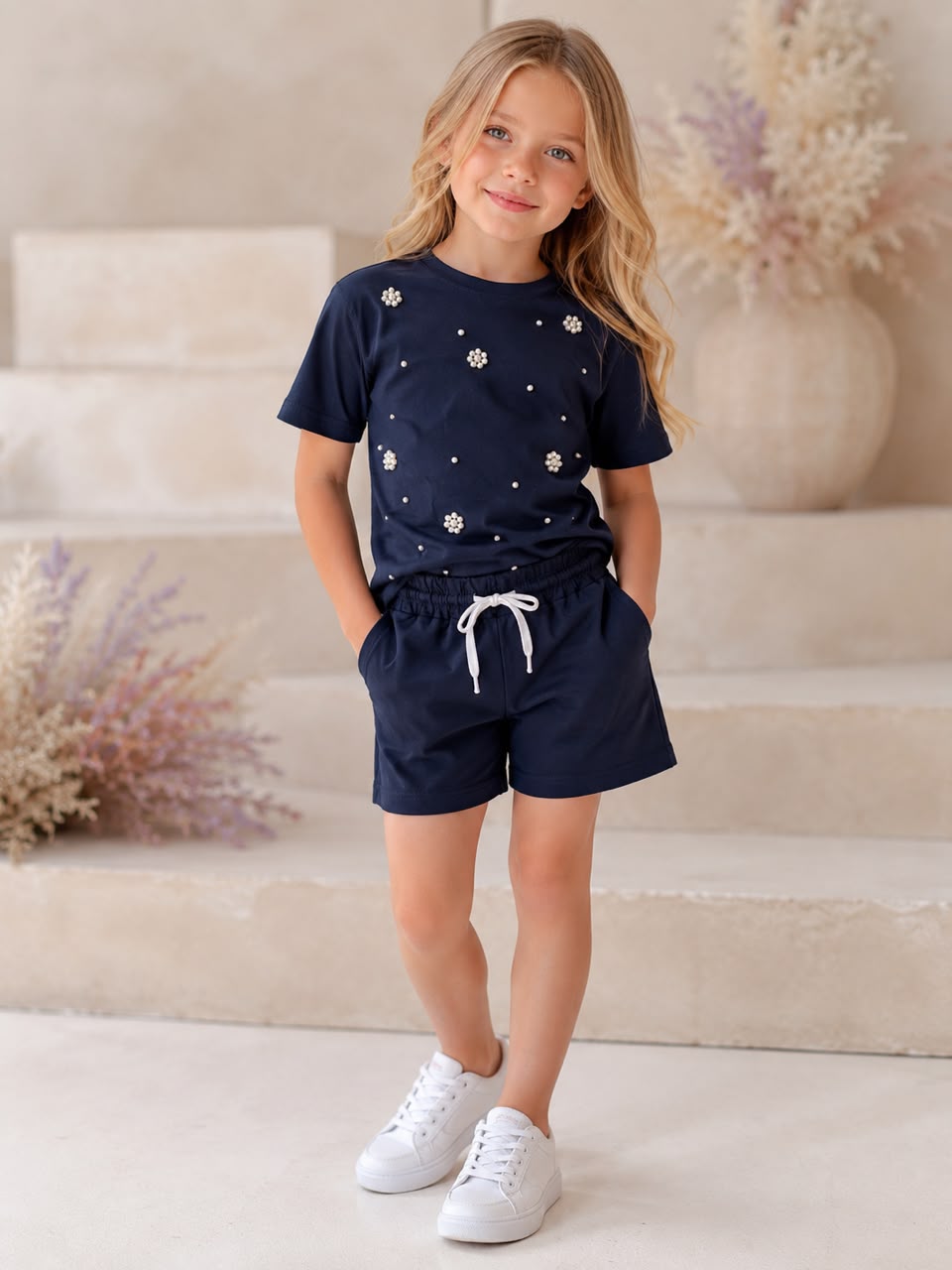 Girls Cotton Grey- Pearl Set
