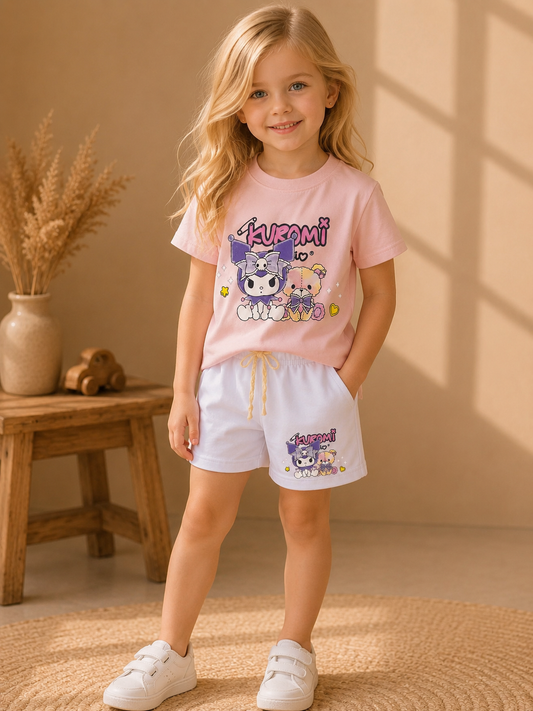 Girls Graphic Cotton T-Shirt & Shorts Set – Kids