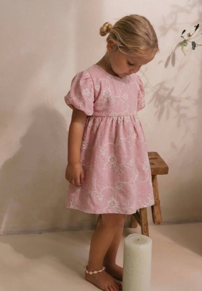 Girls Pink Floral Embroidered Puff Sleeve Dress