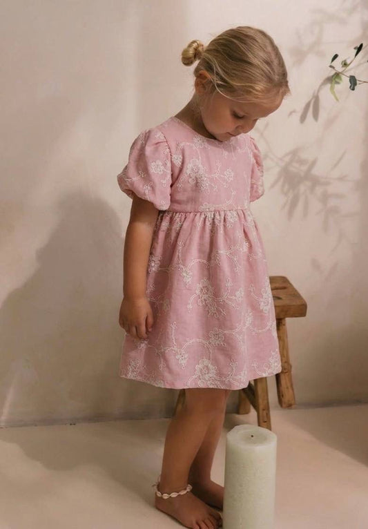 Girls Pink Floral Embroidered Puff Sleeve Dress