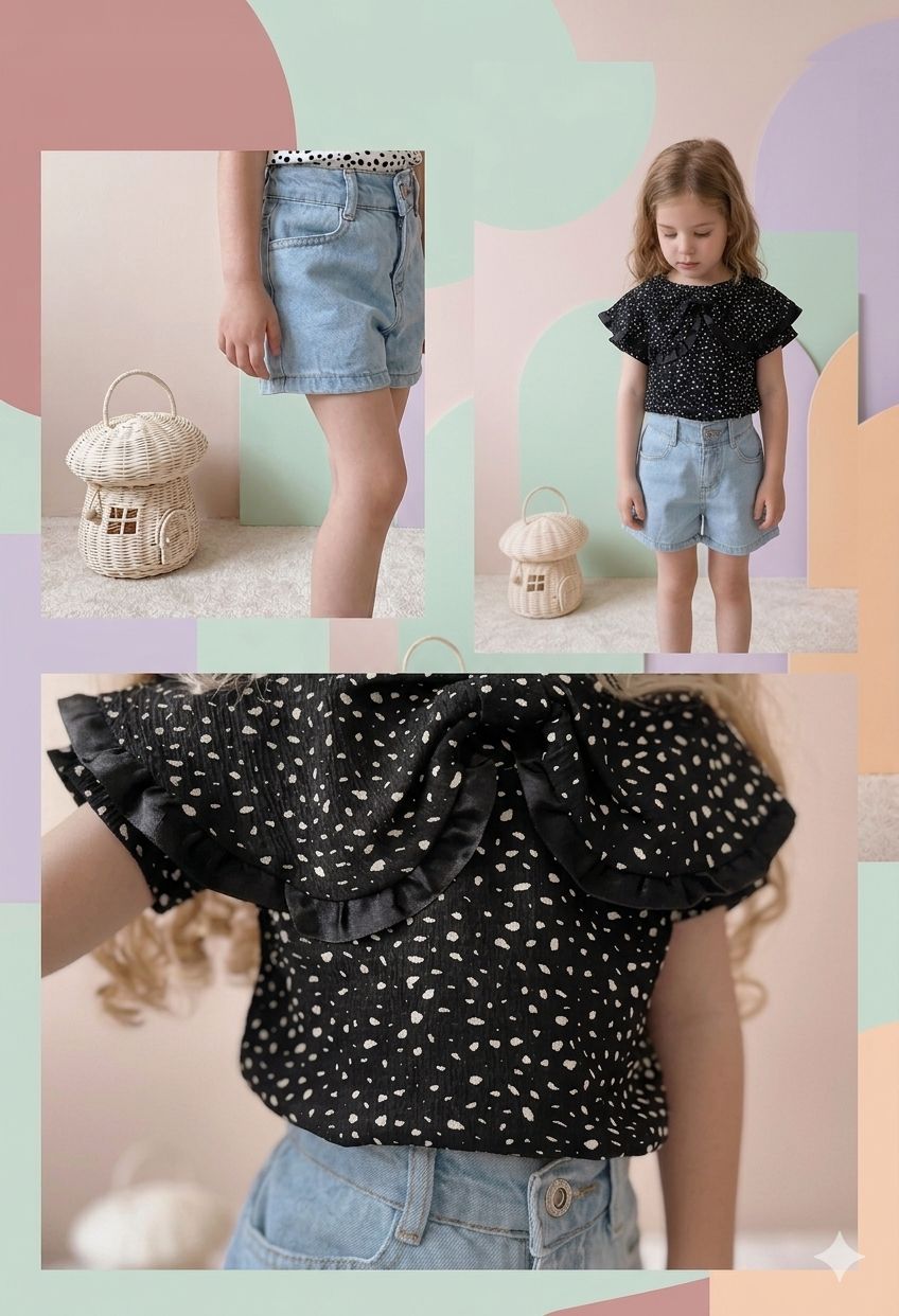 Girls Polka Dot Ruffle Top & Denim Shorts Set