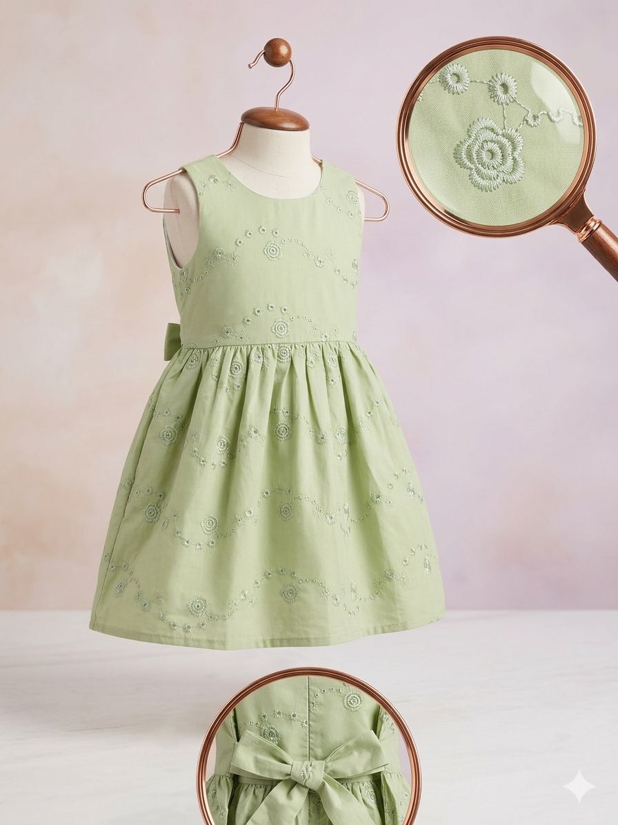 Green Embroidered Bow Dress