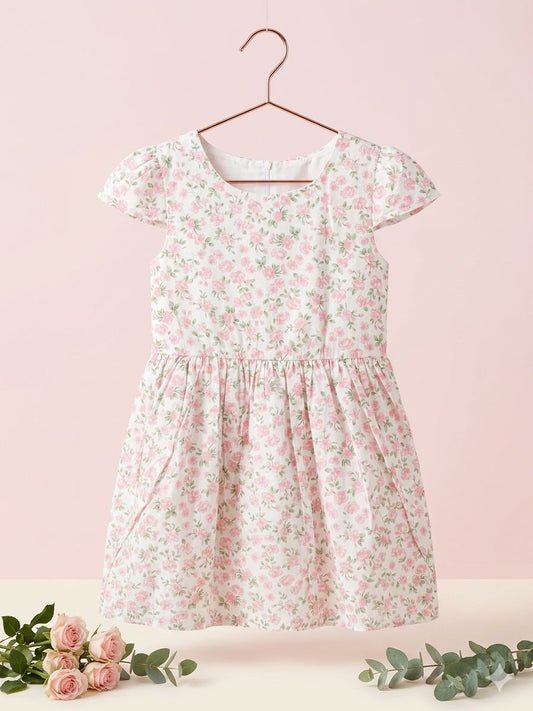 Pink Floral Satin Bow Dress