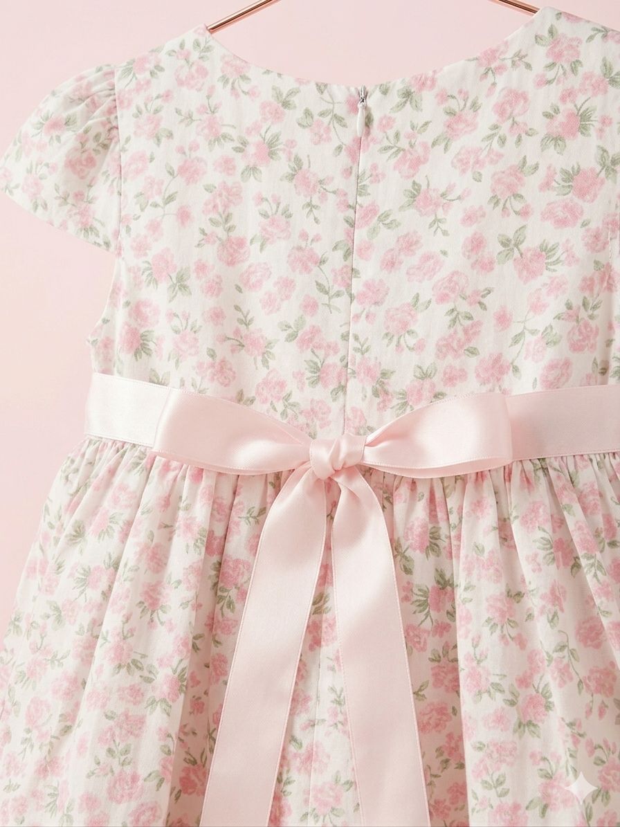Pink Floral Satin Bow Dress