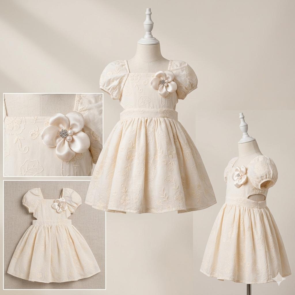 Girls Ivory Embroidered Puff Sleeve Dress