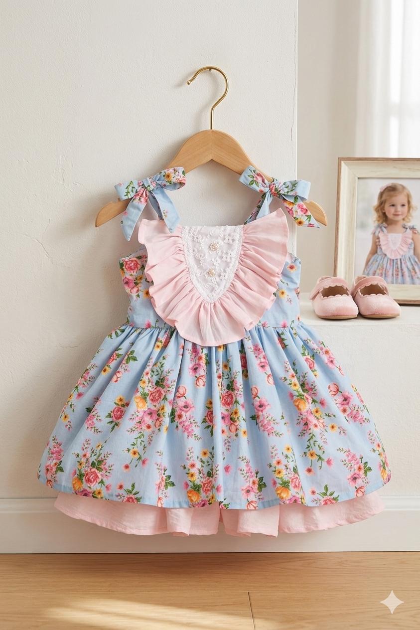 Girls Blue Floral Ruffle Bow Dress
