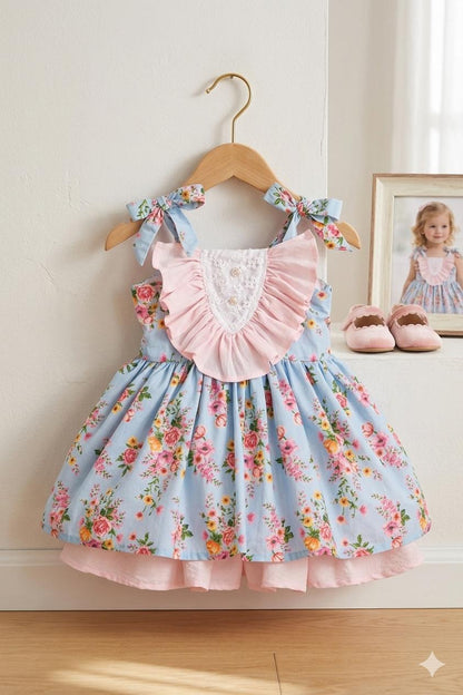 Girls Blue Floral Ruffle Bow Dress