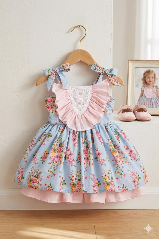 Girls Blue Floral Ruffle Bow Dress