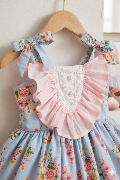 Girls Blue Floral Ruffle Bow Dress