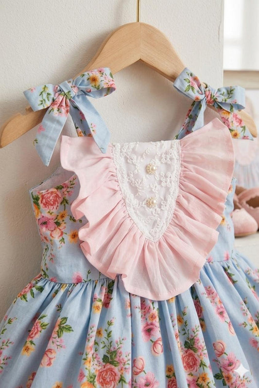 Girls Blue Floral Ruffle Bow Dress