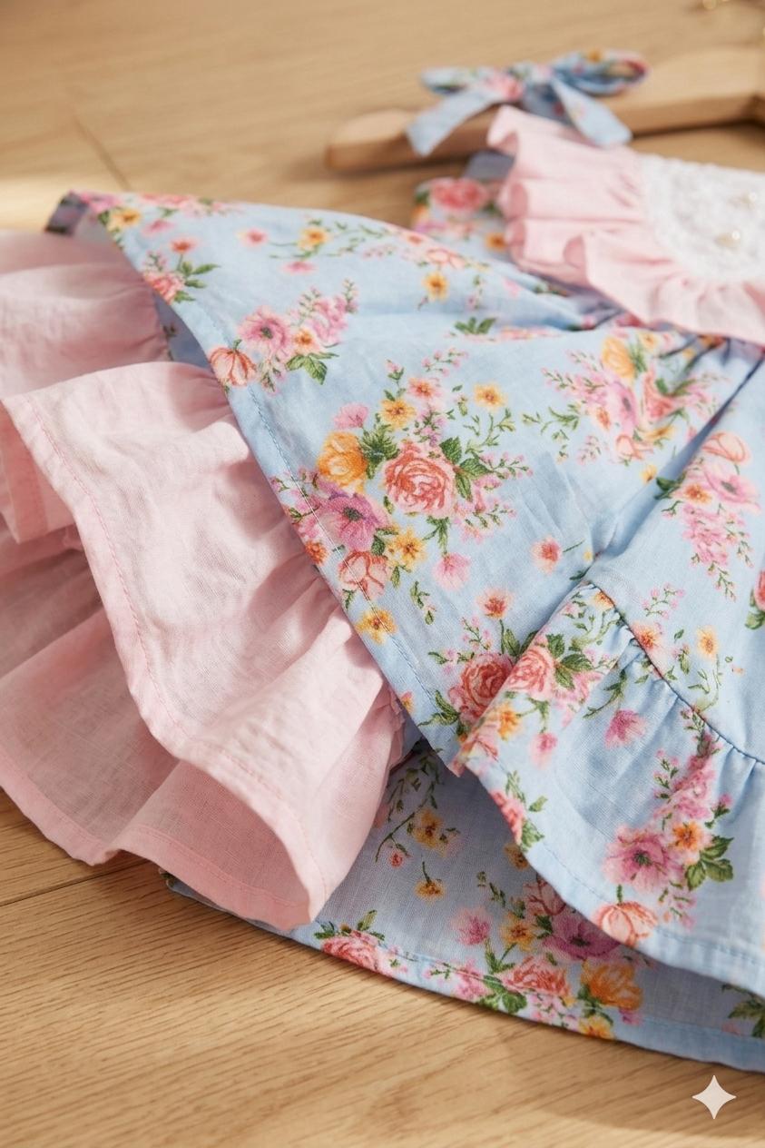 Girls Blue Floral Ruffle Bow Dress