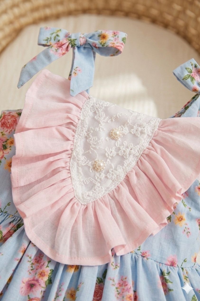 Girls Blue Floral Ruffle Bow Dress
