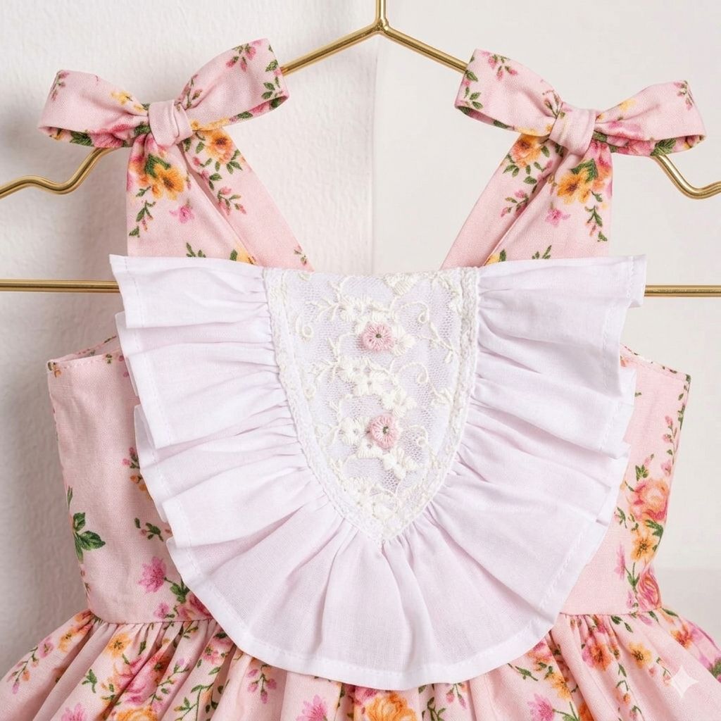 Girls Pink Floral Ruffle Bib Bow Dress