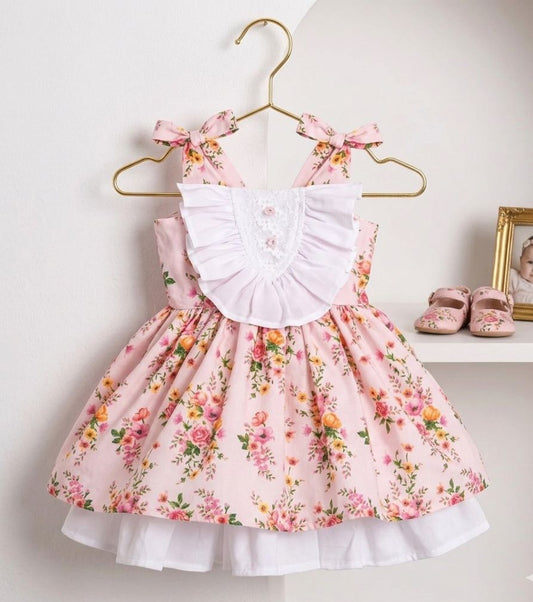 Girls Pink Floral Ruffle Bib Bow Dress