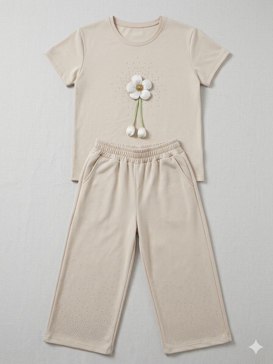 The Elegance Set – Girls Beige Crystal T-Shirt