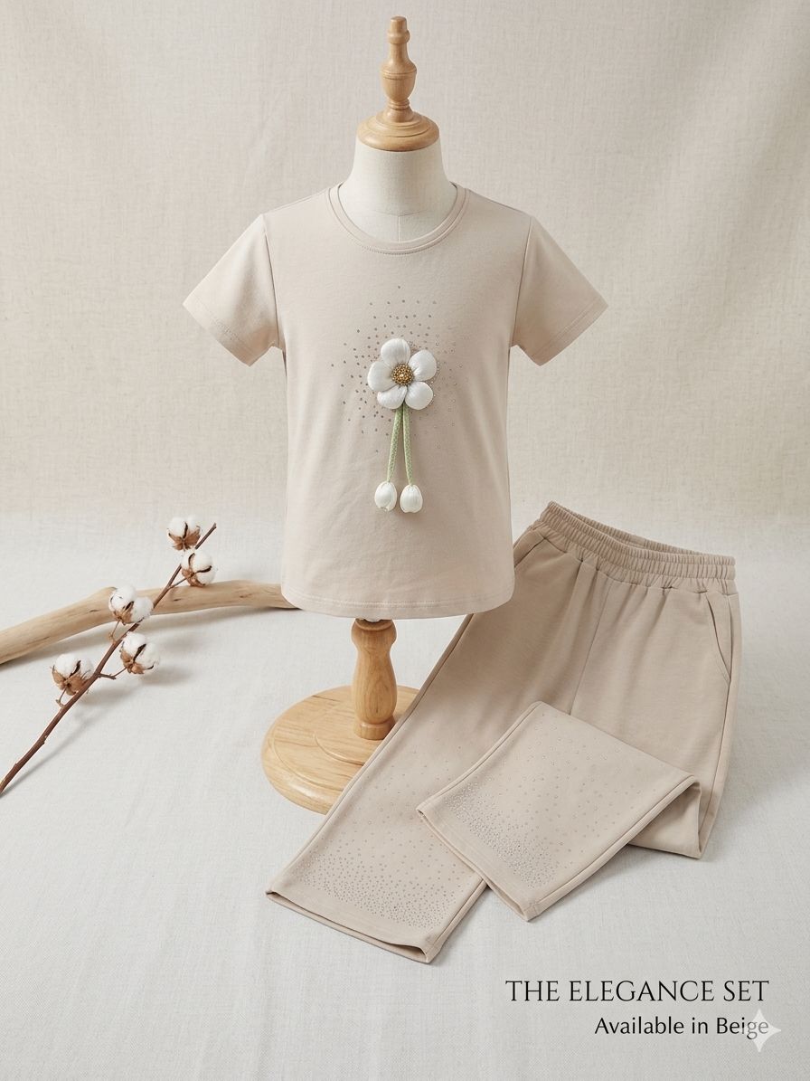 The Elegance Set – Girls Beige Crystal T-Shirt