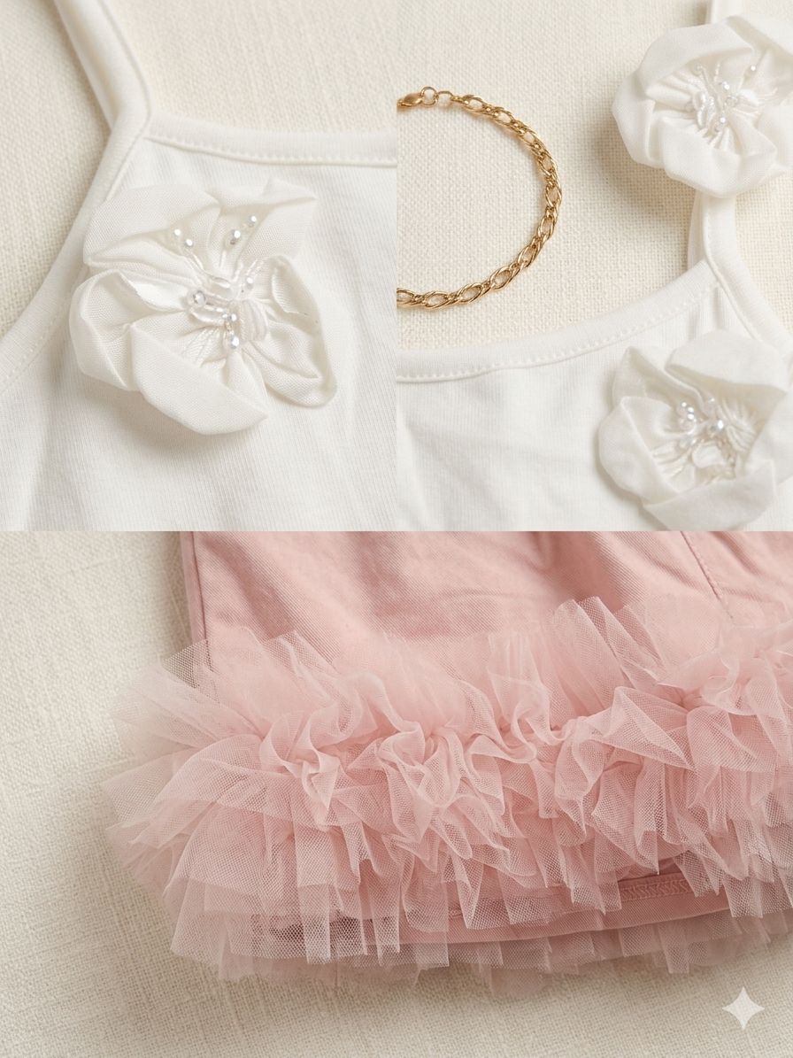 Girls Floral Pearl Set – White Crop Top & Pink Tulle Skirt | Ages 4–12