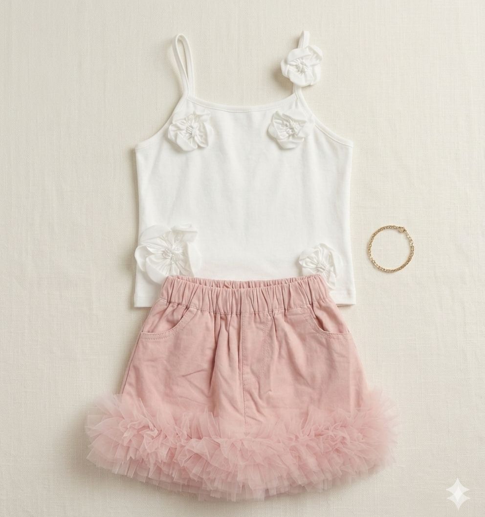 Girls Floral Pearl Set – White Crop Top & Pink Tulle Skirt | Ages 4–12