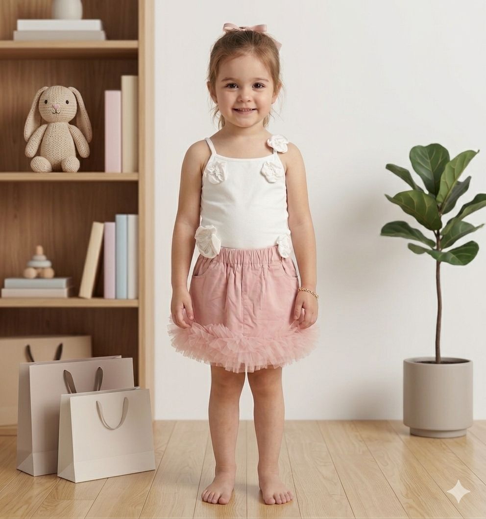 Girls Floral Pearl Set – White Crop Top & Pink Tulle Skirt | Ages 4–12