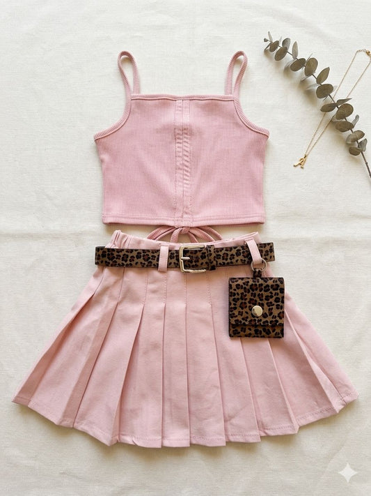 Girls Pink Pleated Skirt Set – Leopard Belt & Mini Bag