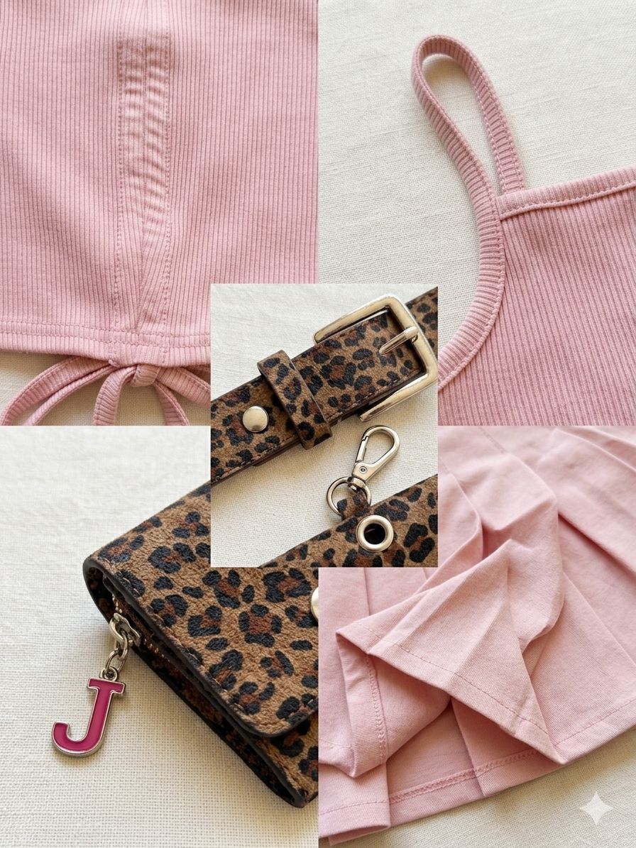 Girls Pink Pleated Skirt Set – Leopard Belt & Mini Bag
