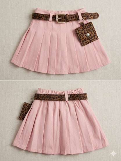 Girls Pink Pleated Skirt Set – Leopard Belt & Mini Bag