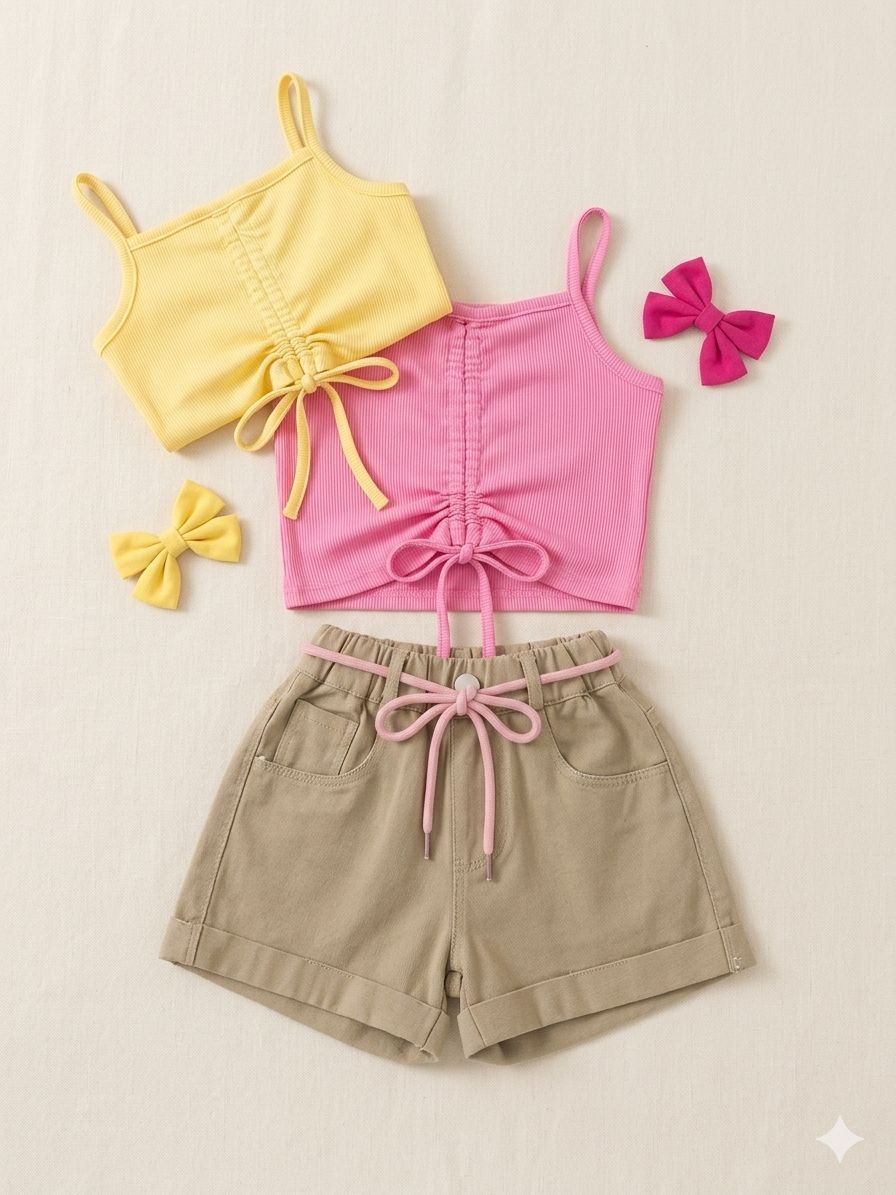 Girls Khaki Shorts – Pink Rope Belt