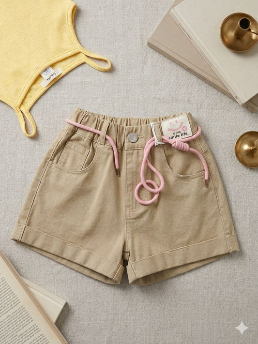Girls Khaki Shorts – Pink Rope Belt