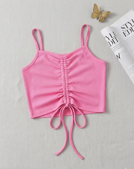 Girls Pink Ruched Crop Top – Drawstring Tie Front