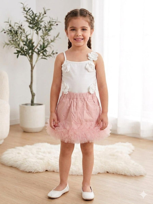 Girls Floral Pearl Set – White Crop Top & Pink Tulle Skirt | Ages 4–12