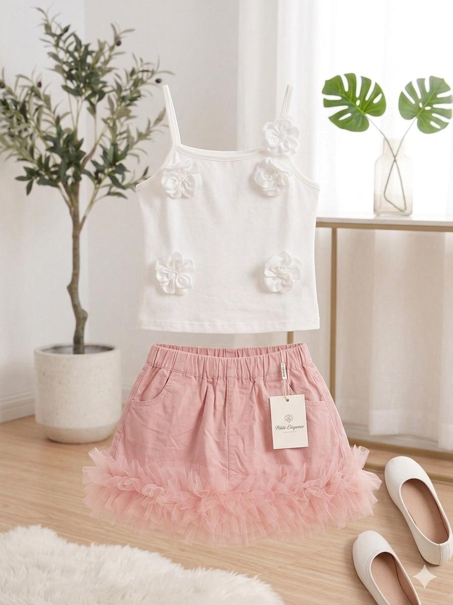 Girls Floral Pearl Set – White Crop Top & Pink Tulle Skirt | Ages 4–12
