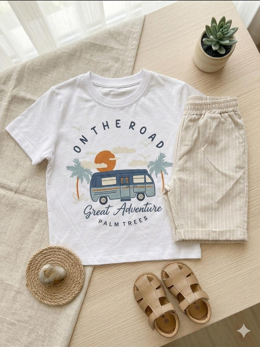 Boys On The Road Set – White Graphic Tee & Striped Shorts | Ages 5–9