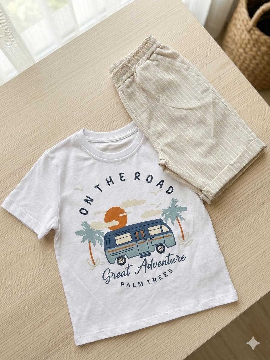 Boys On The Road Set – White Graphic Tee & Striped Shorts | Ages 5–9