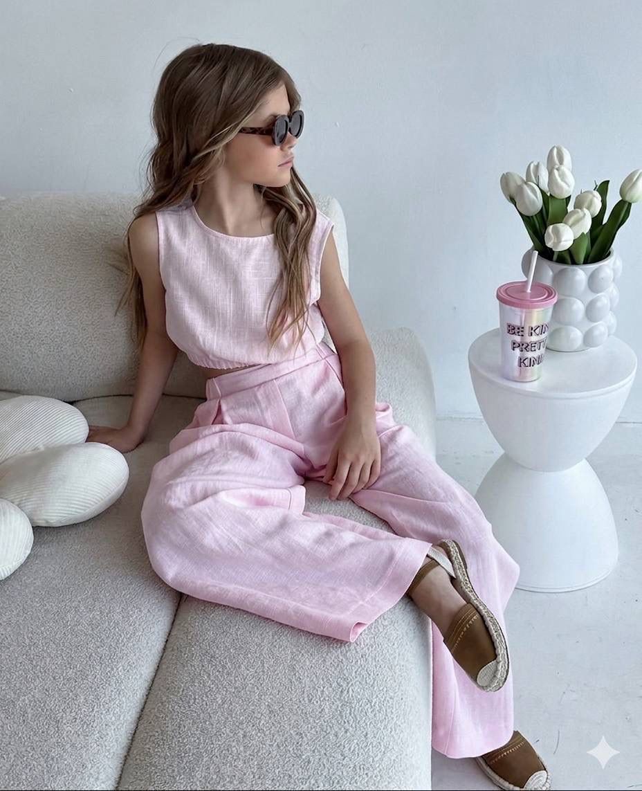 Girls Elegant Pink Linen-Look Two-Piece Set