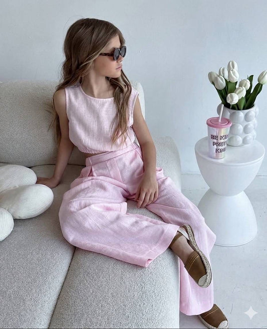 Girls Elegant Pink Linen-Look Two-Piece Set